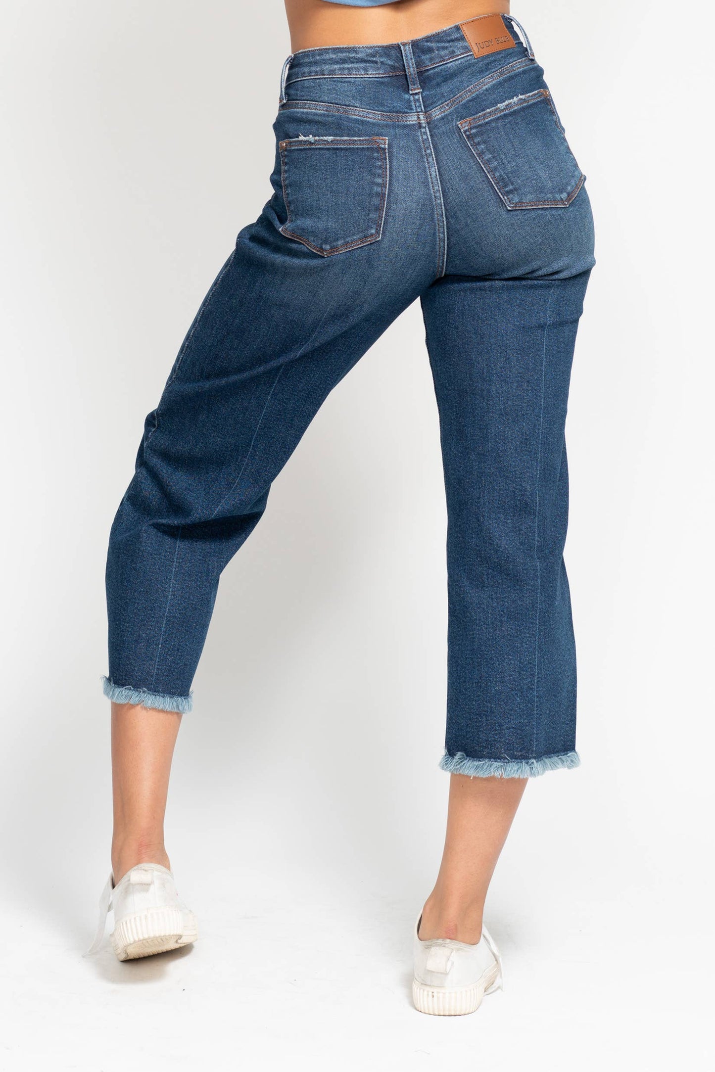 High Waisted Button Fly Destroy Hem Crop Wide