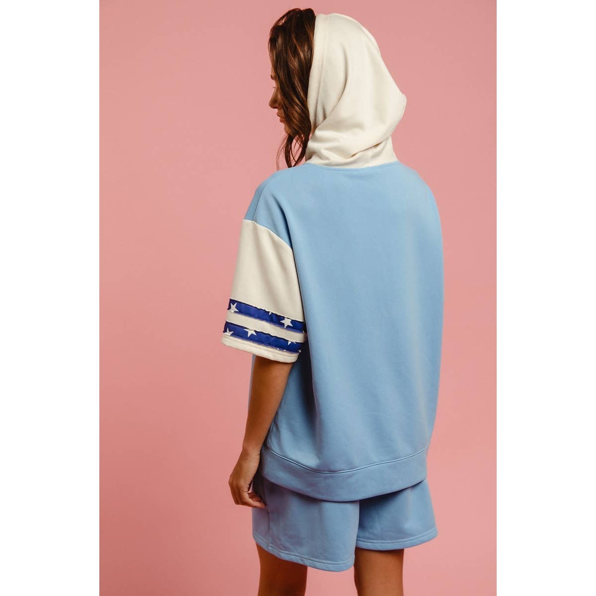 USA STAR PRINT MIX AND MATCH SHORT SLEEVES HOODIE TOP