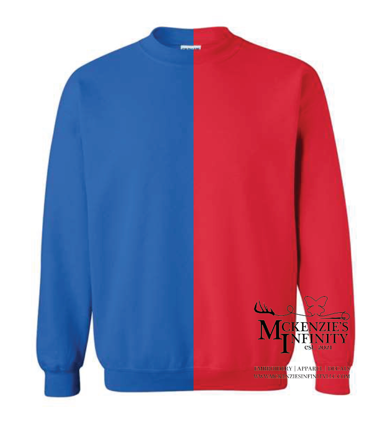Blue & Red Split Colored, Two-Toned, Crewneck Sweatshirt