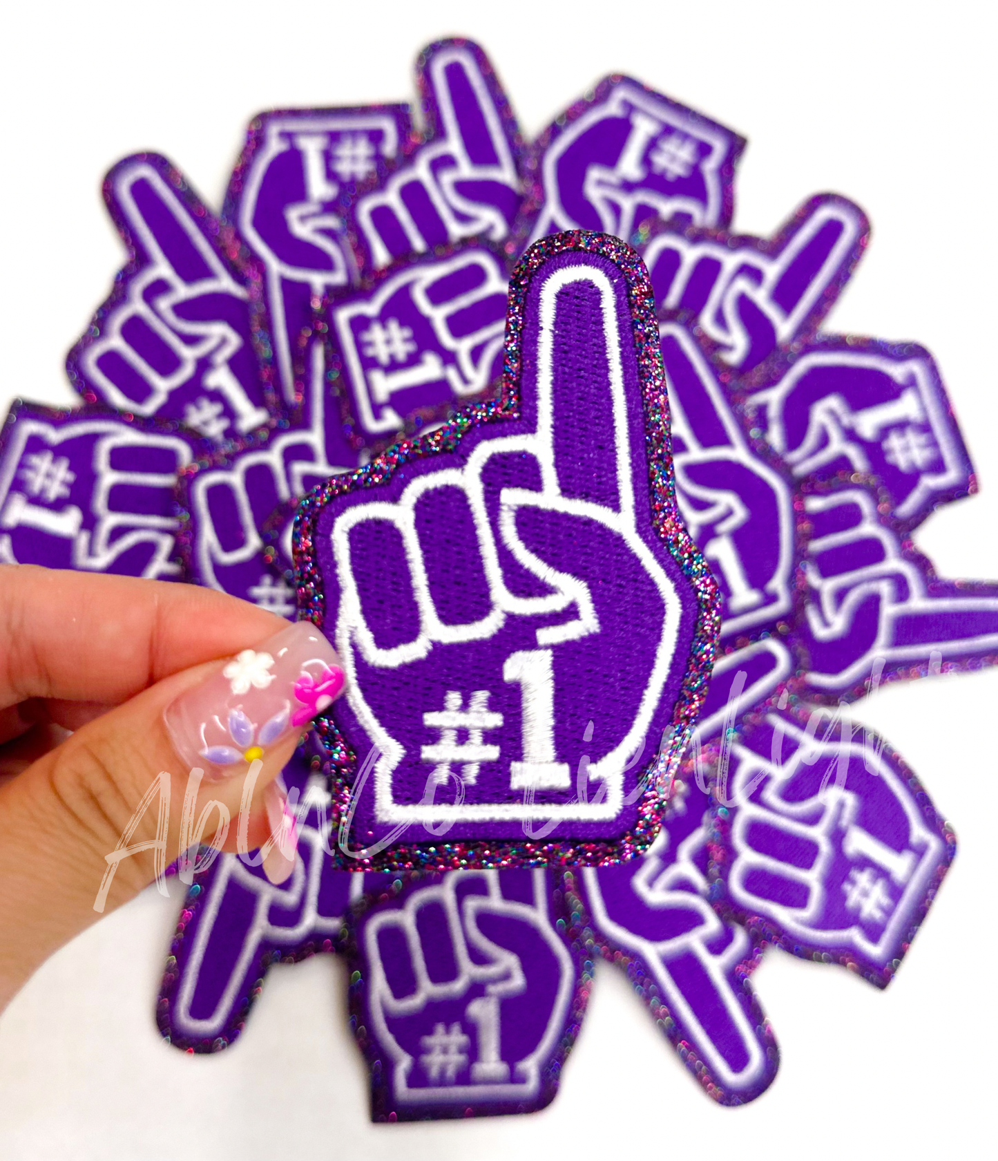 Purple #1 foam finger game day trucker hat patch iron on