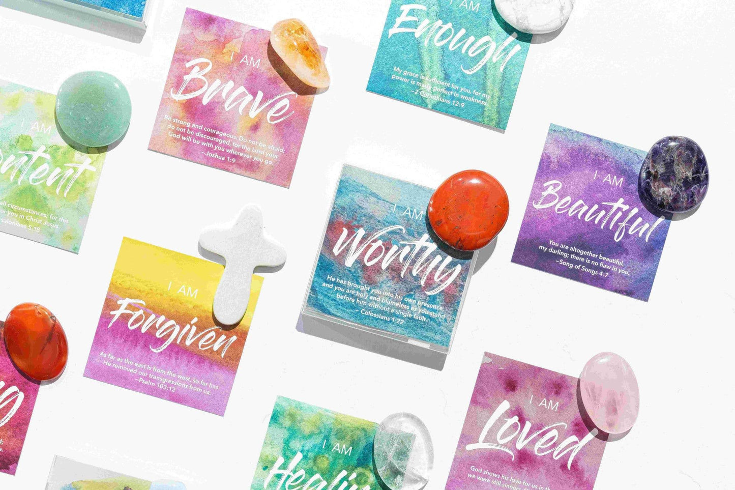 Affirmation Gems, scriptural card and crystal pocket stone