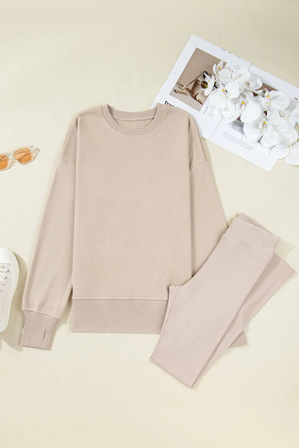 Solid Oversize Slit Sweatshirt with Ribbed Leggings Set
