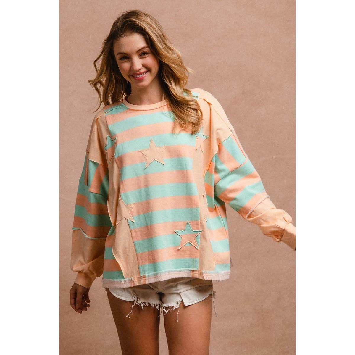 STRIPE AND PATCHWORK SWEATSHIRT TOP