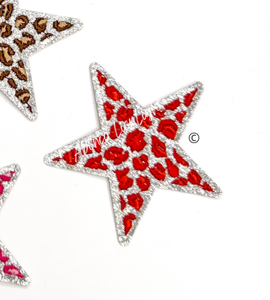 Red Cheetah Print Glitter Star Iron On Patch
