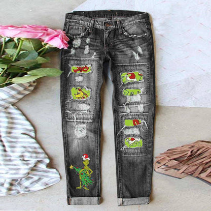 Women’s Distressed Straight Leg Jeans with Christmas