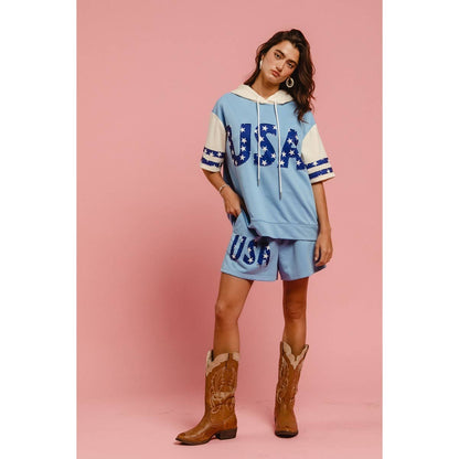 USA STAR PRINT MIX AND MATCH SHORT SLEEVES HOODIE TOP