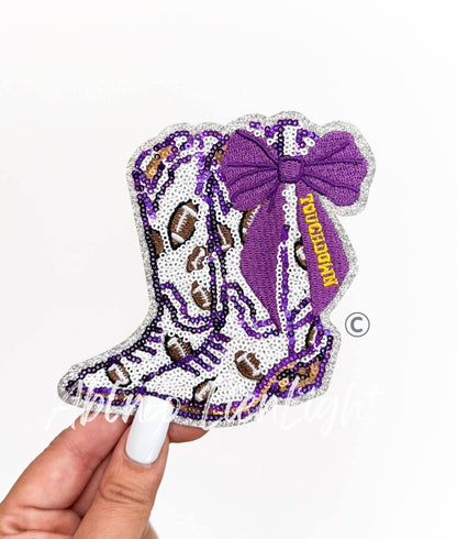 Football Touchdown Purple Bow Boot Sequin Patch - Small
