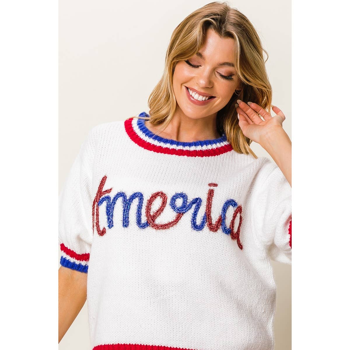 METALLIC AMERICA LETTER SHORT PUFF SLEEVE SWEATER