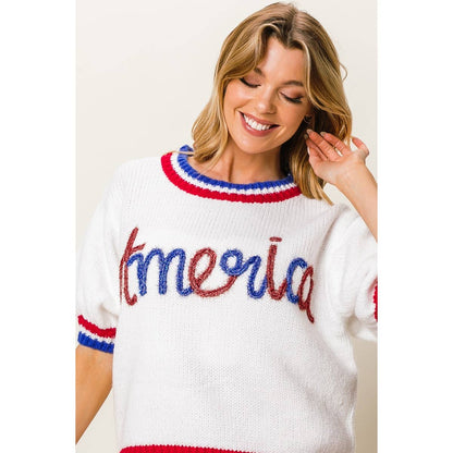 METALLIC AMERICA LETTER SHORT PUFF SLEEVE SWEATER
