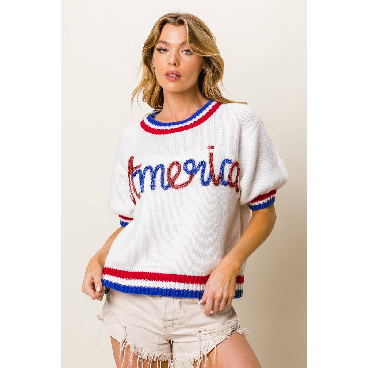 METALLIC AMERICA LETTER SHORT PUFF SLEEVE SWEATER