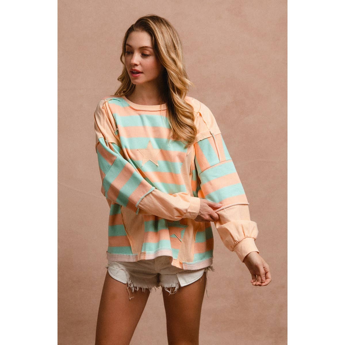 STRIPE AND PATCHWORK SWEATSHIRT TOP