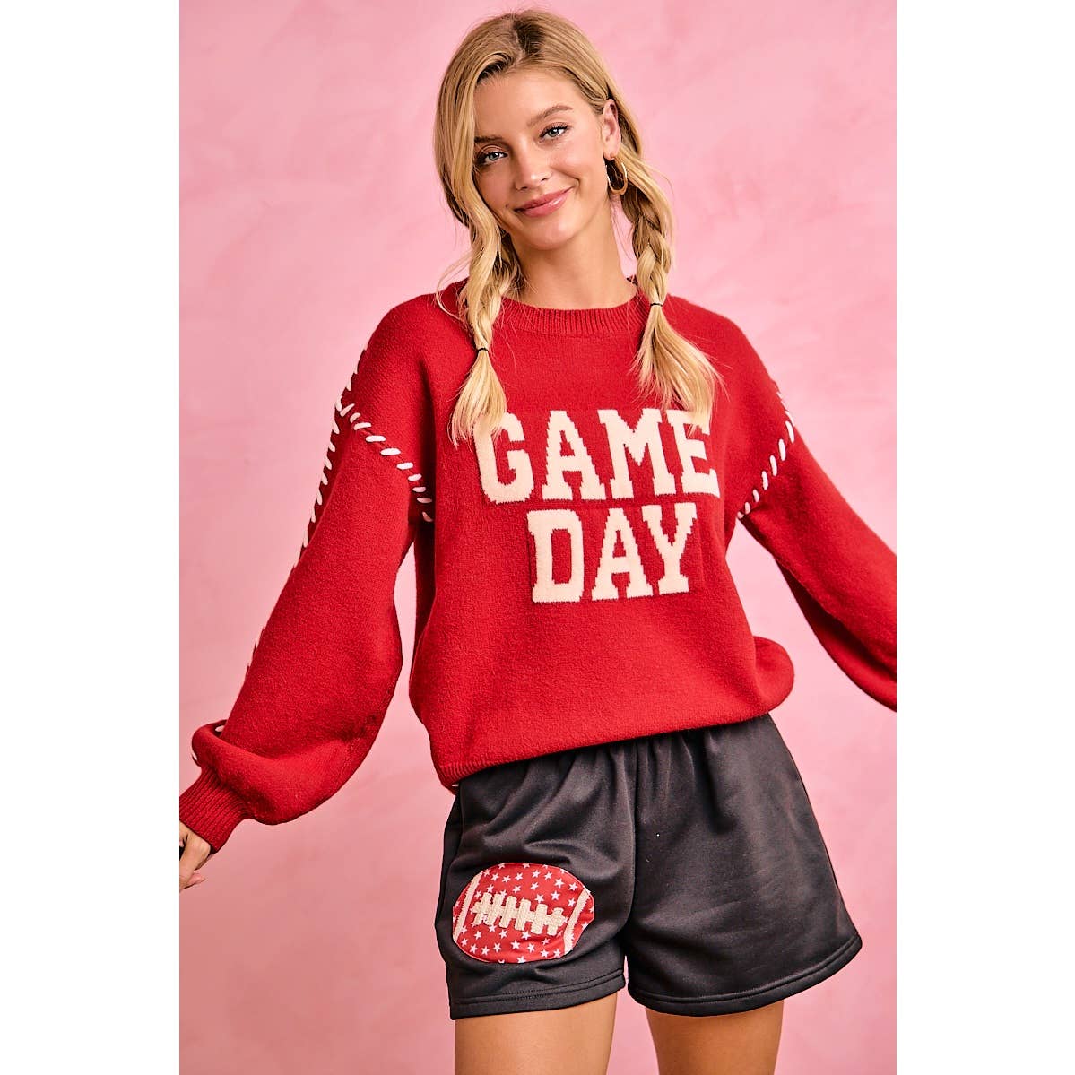 GAMEDAY THEME CONTRAST STITCH LONG SLEEVES KNIT TOP