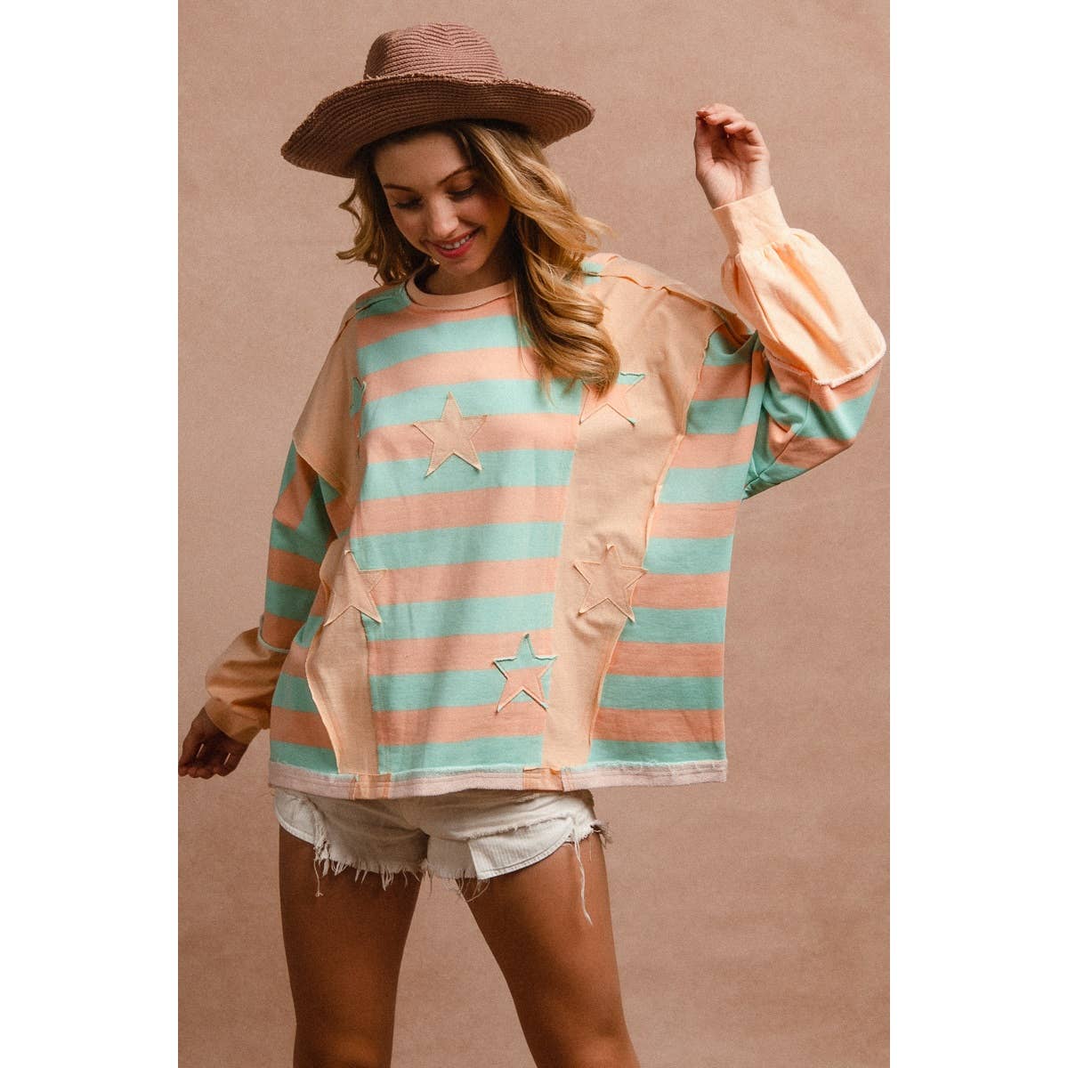 STRIPE AND PATCHWORK SWEATSHIRT TOP