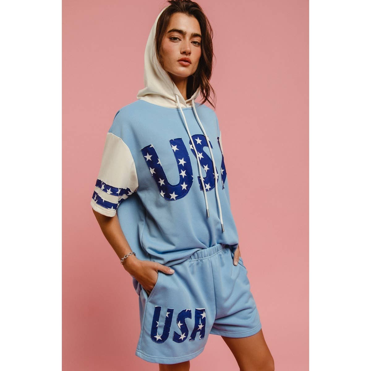USA STAR PRINT MIX AND MATCH SHORT SLEEVES HOODIE TOP