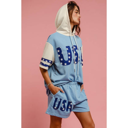USA STAR PRINT MIX AND MATCH SHORT SLEEVES HOODIE TOP