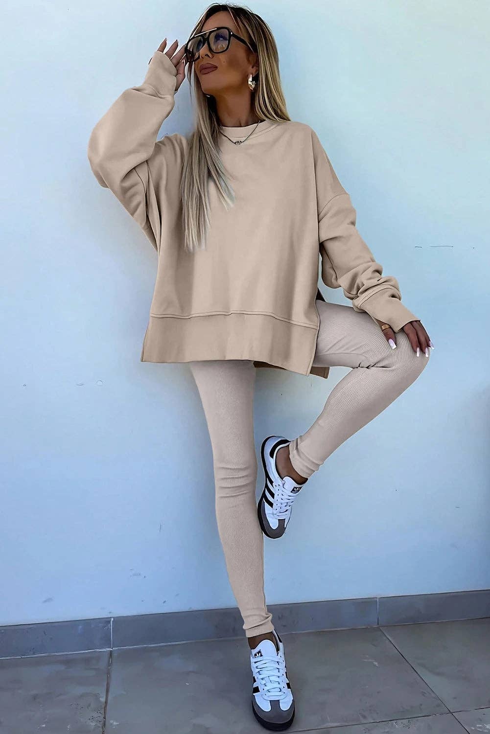 Solid Oversize Slit Sweatshirt with Ribbed Leggings Set