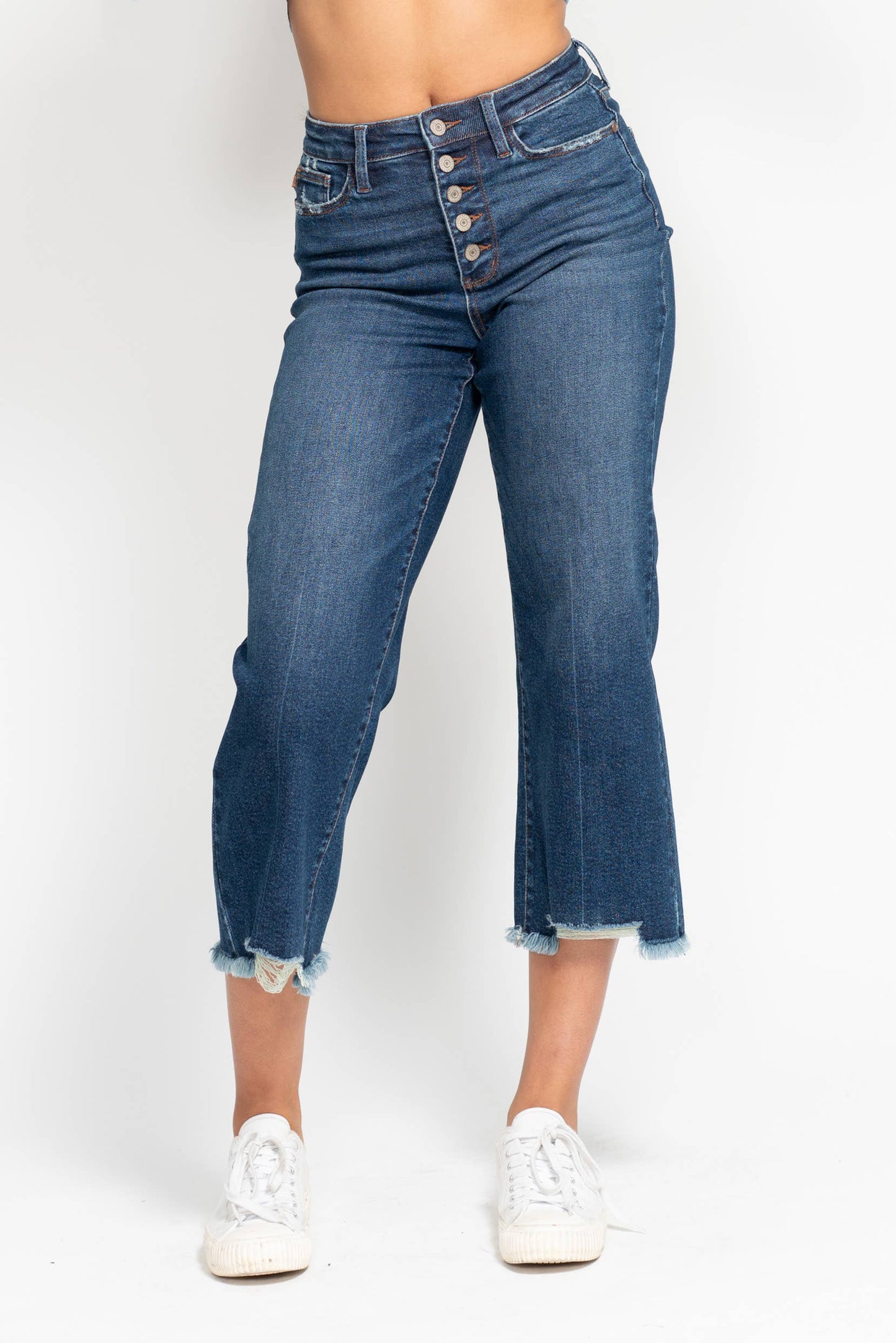 High Waisted Button Fly Destroy Hem Crop Wide