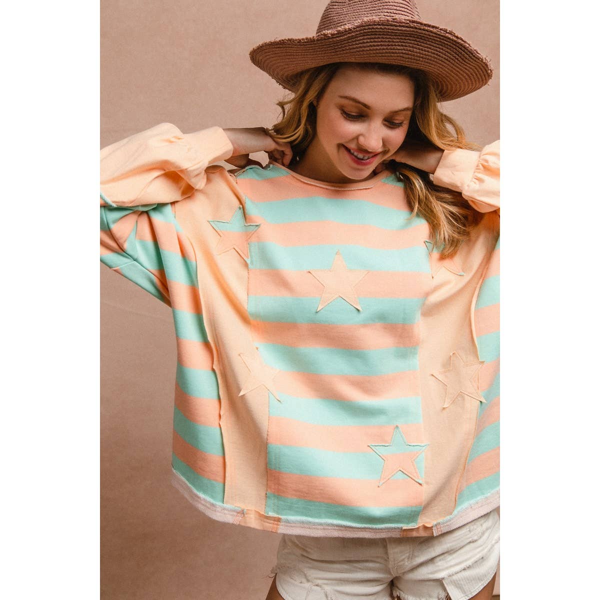 STRIPE AND PATCHWORK SWEATSHIRT TOP