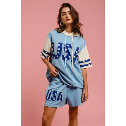 USA STAR PRINT MIX AND MATCH SHORT SLEEVES HOODIE TOP