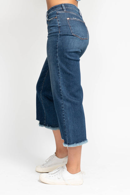 High Waisted Button Fly Destroy Hem Crop Wide