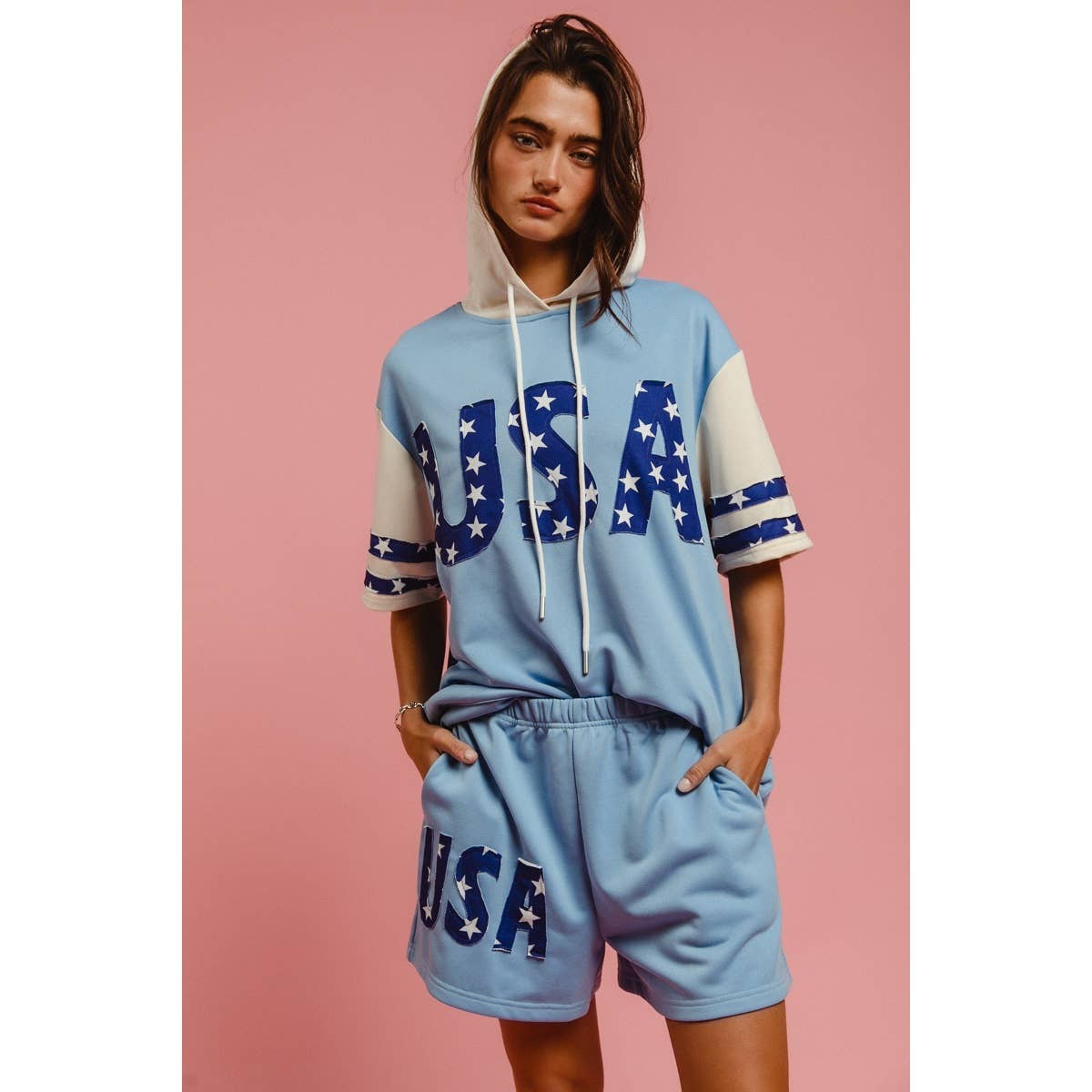 USA STAR PRINT MIX AND MATCH SHORT SLEEVES HOODIE TOP