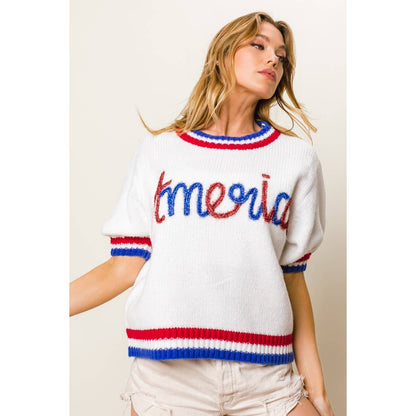 METALLIC AMERICA LETTER SHORT PUFF SLEEVE SWEATER