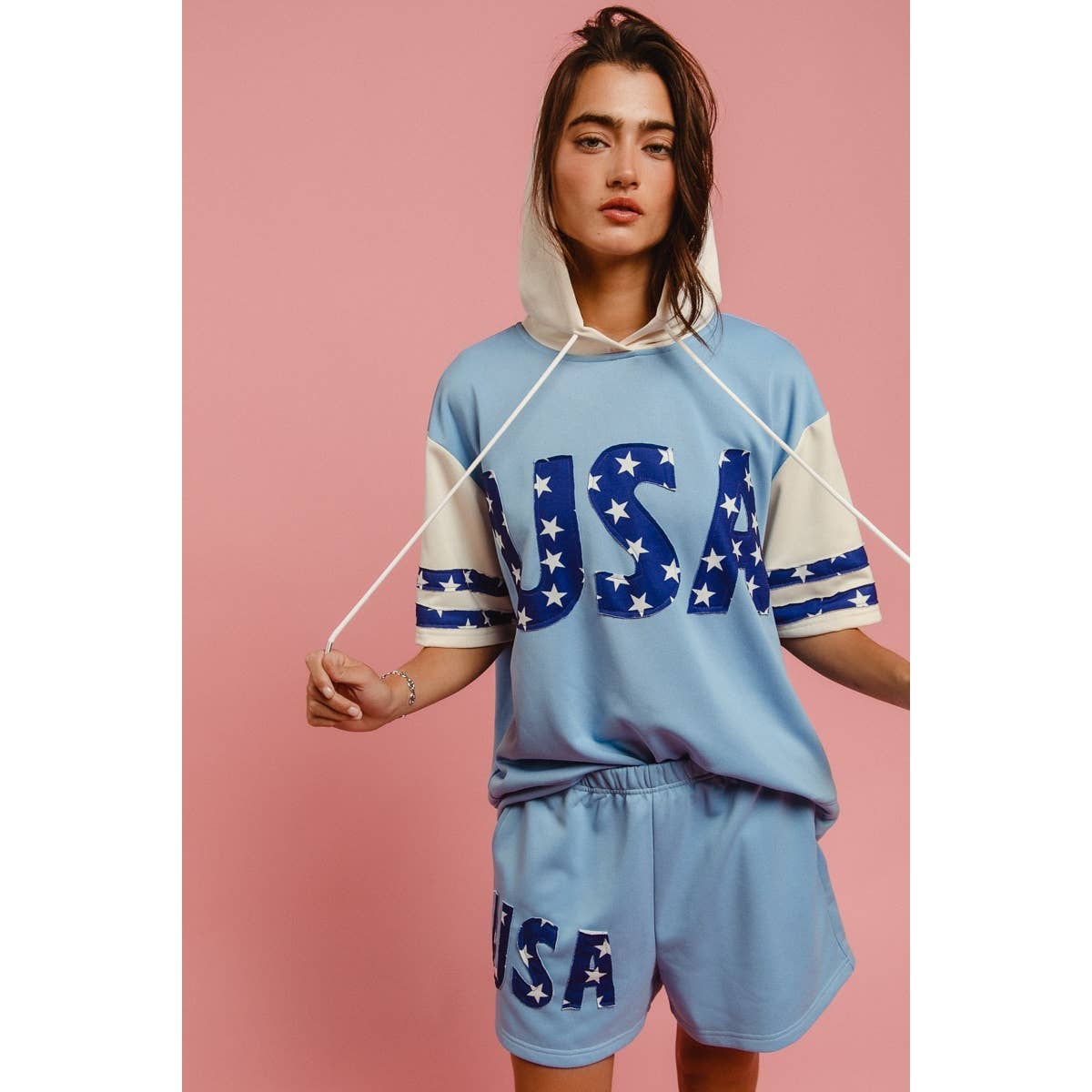 USA STAR PRINT MIX AND MATCH SHORT SLEEVES HOODIE TOP
