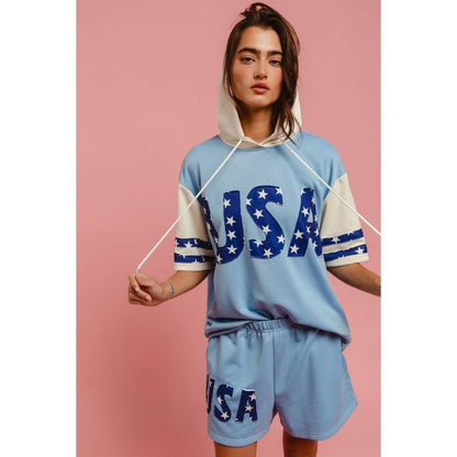 USA STAR PRINT MIX AND MATCH SHORT SLEEVES HOODIE TOP