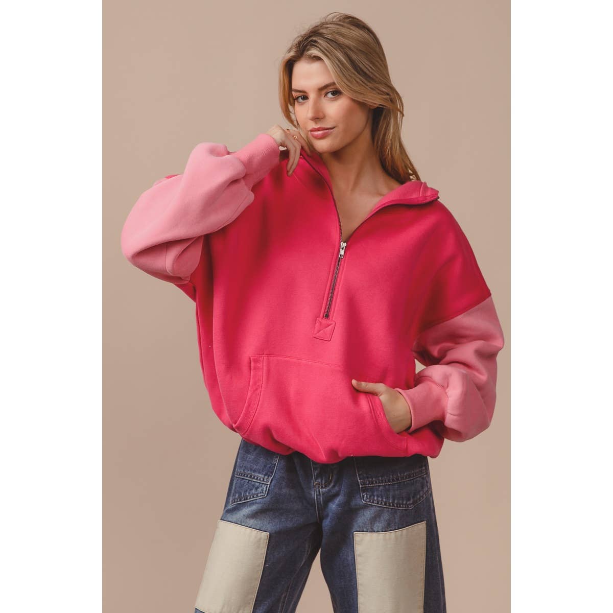 COLOR BLOCK ELASTIC HEM FLEECE HOODIE