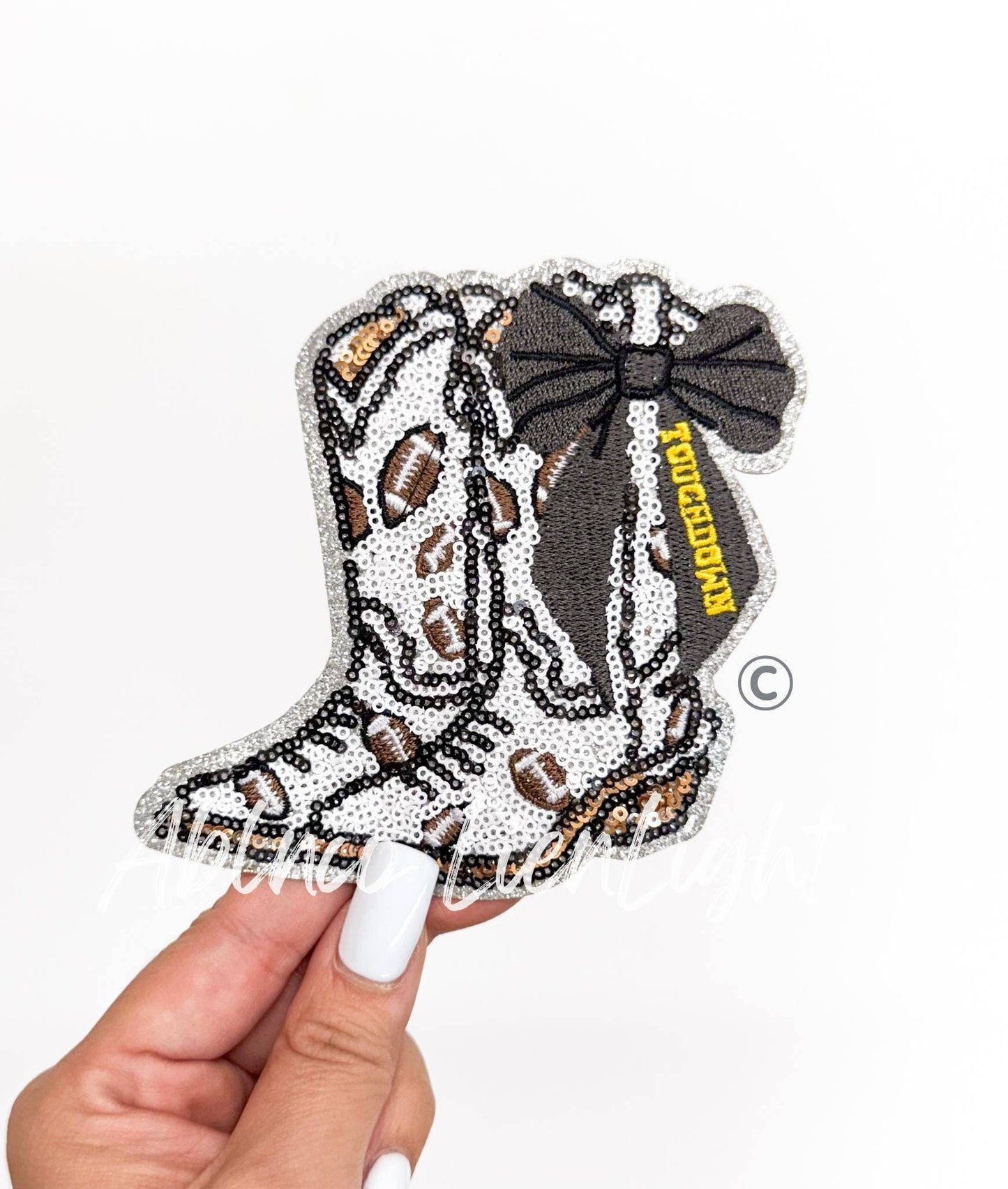 Football Touchdown Black Bow Boot Sequin Patch - Small