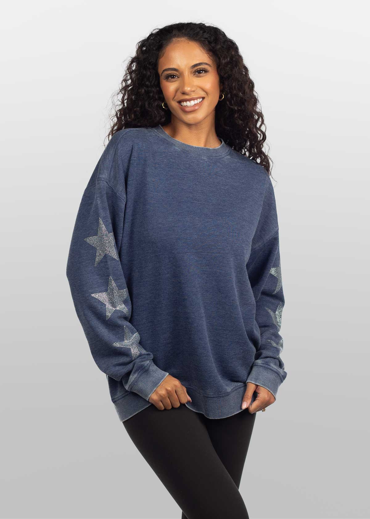 Burnout Crew Sweatshirt with Rhinestone Stars, All colors