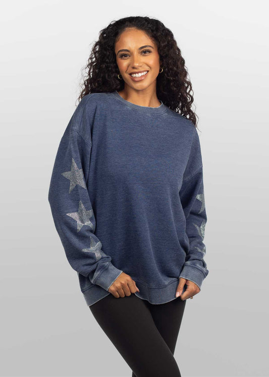 Burnout Crew Sweatshirt with Rhinestone Stars, All colors