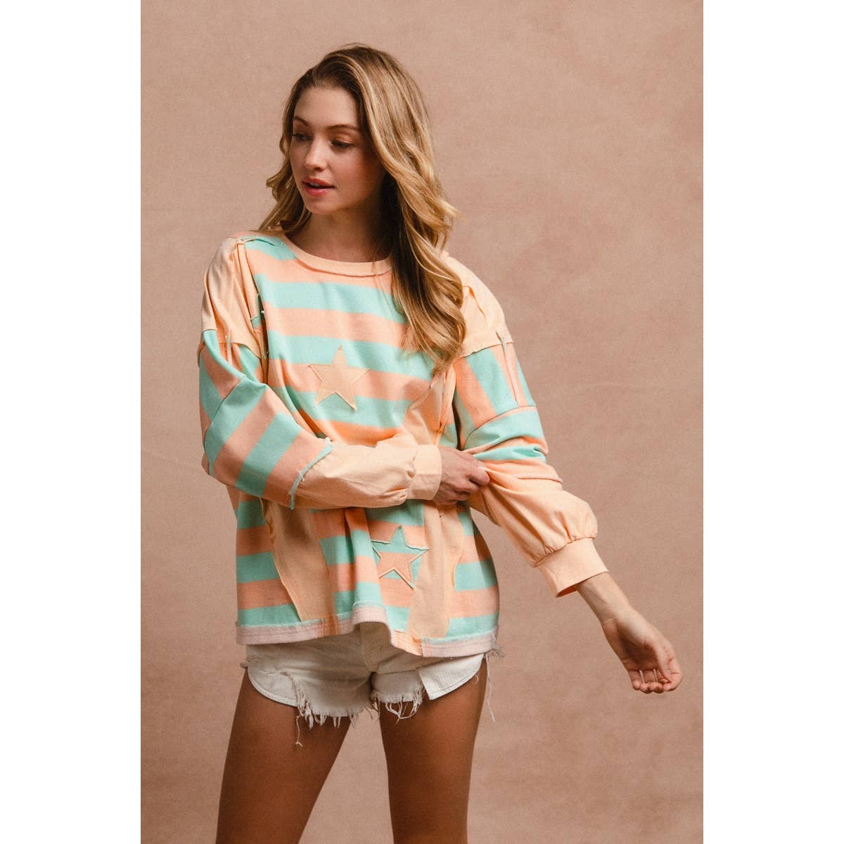 STRIPE AND PATCHWORK SWEATSHIRT TOP