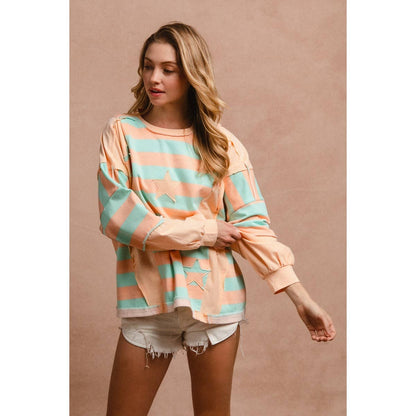 STRIPE AND PATCHWORK SWEATSHIRT TOP