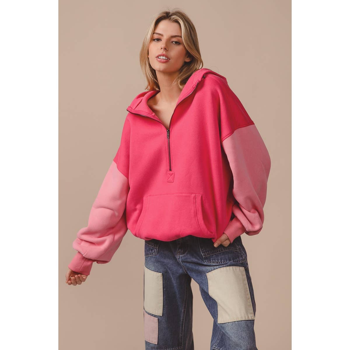 COLOR BLOCK ELASTIC HEM FLEECE HOODIE