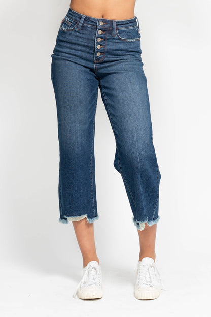 High Waisted Button Fly Destroy Hem Crop Wide