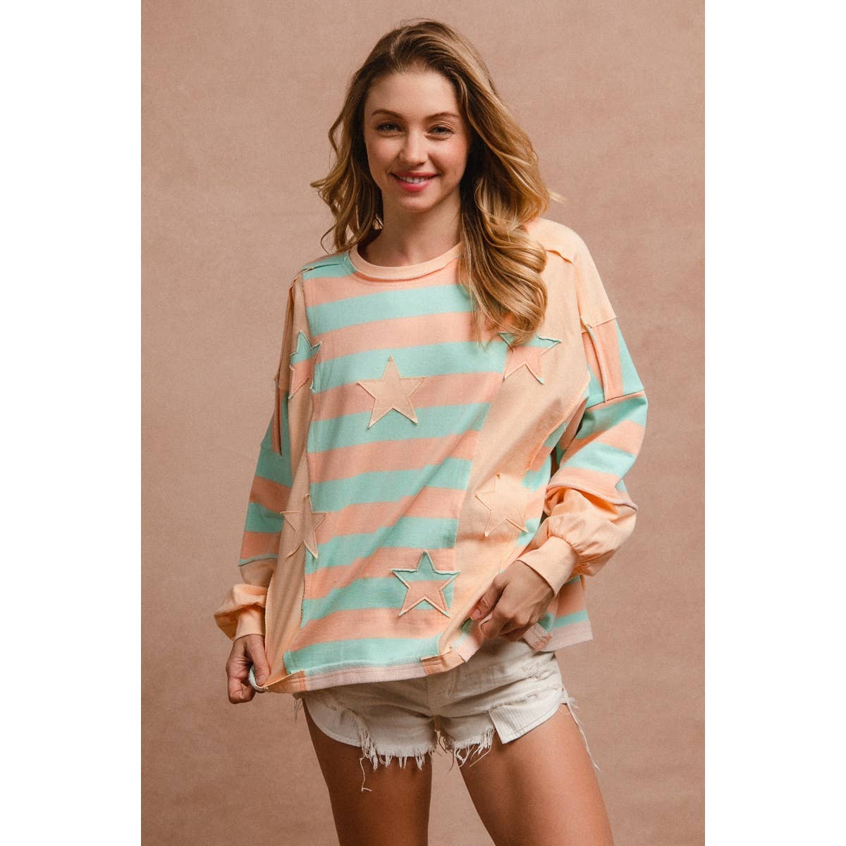 STRIPE AND PATCHWORK SWEATSHIRT TOP