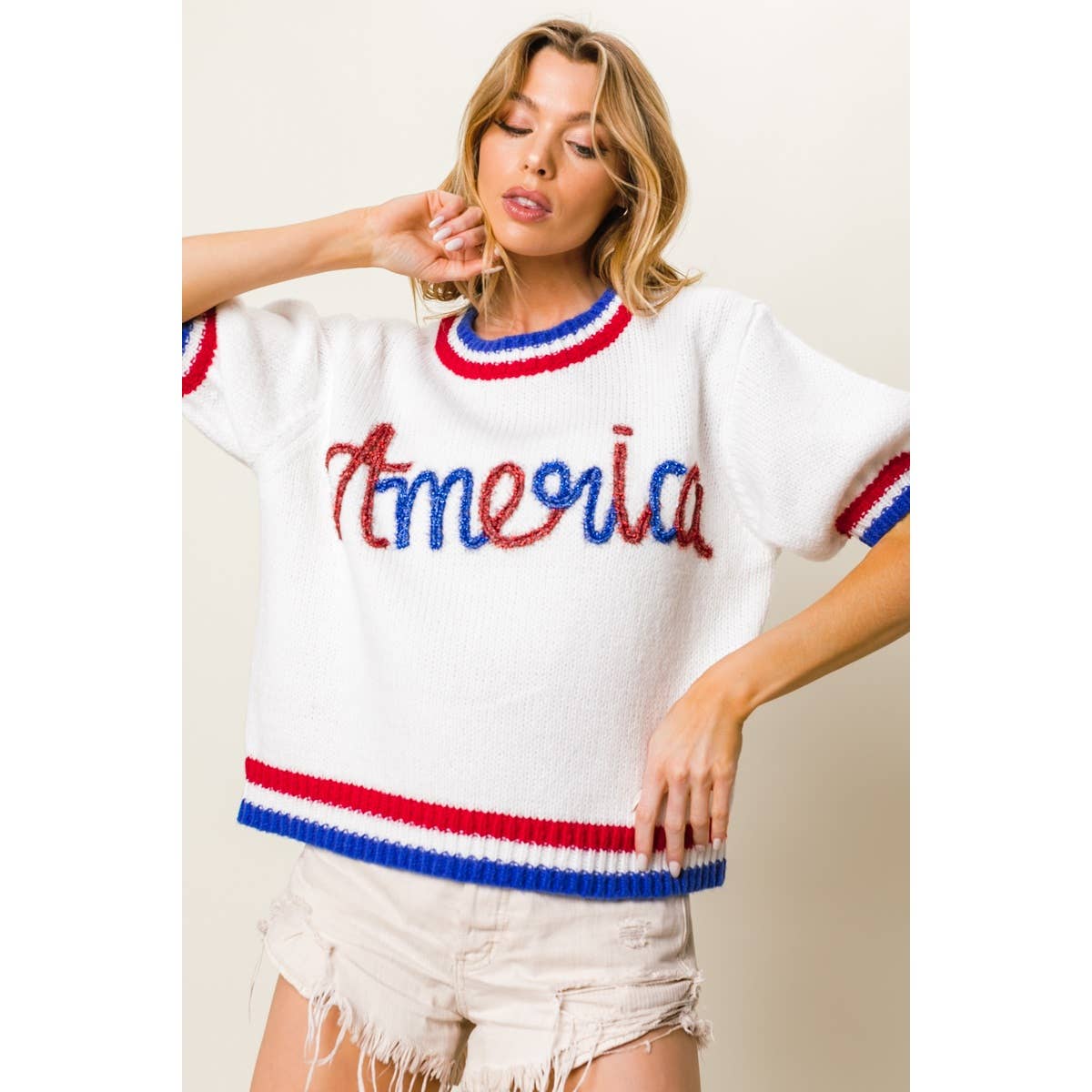 METALLIC AMERICA LETTER SHORT PUFF SLEEVE SWEATER