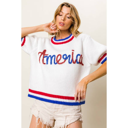 METALLIC AMERICA LETTER SHORT PUFF SLEEVE SWEATER