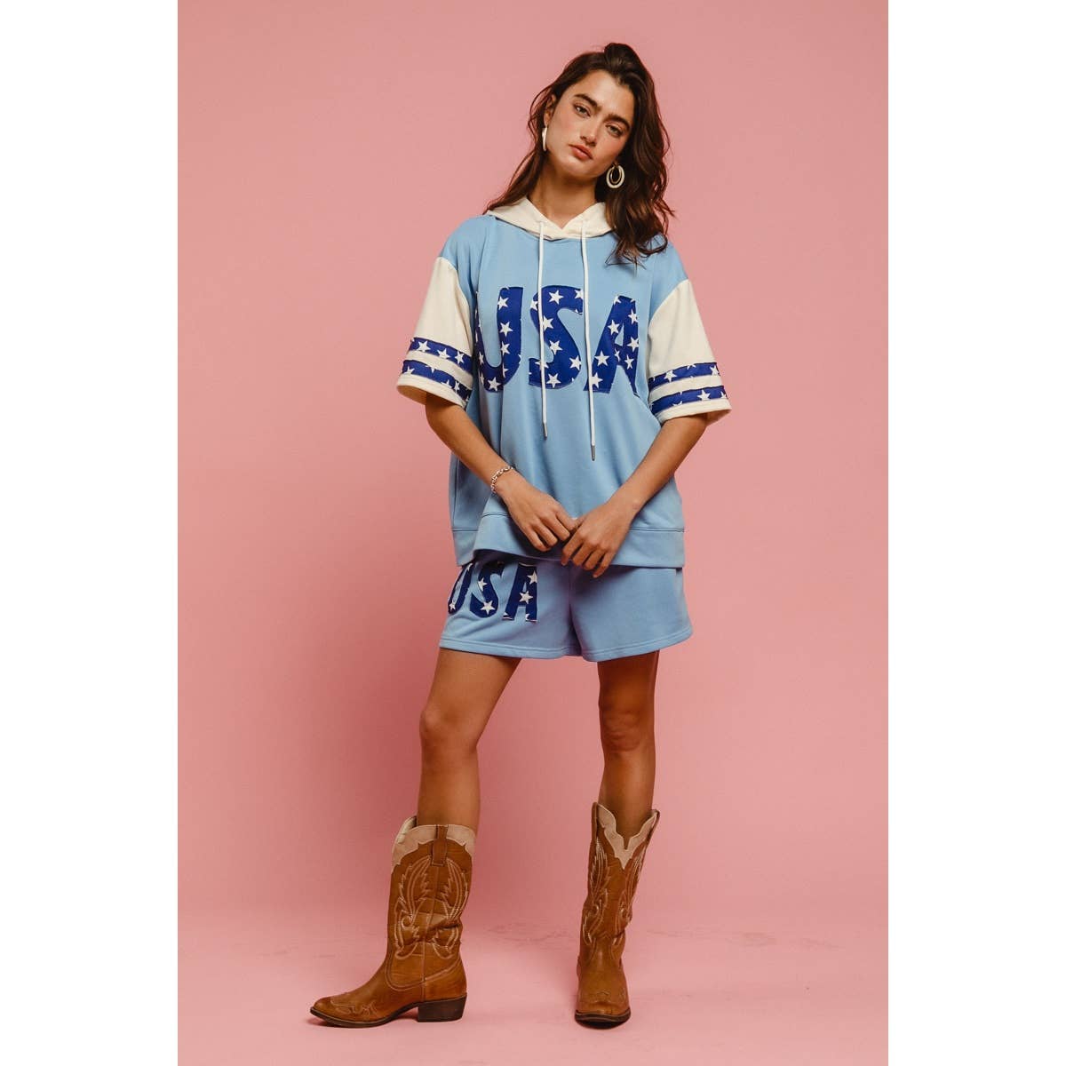 USA STAR PRINT MIX AND MATCH SHORT SLEEVES HOODIE TOP