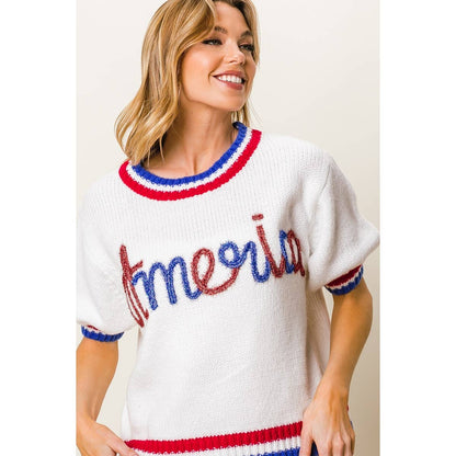 METALLIC AMERICA LETTER SHORT PUFF SLEEVE SWEATER