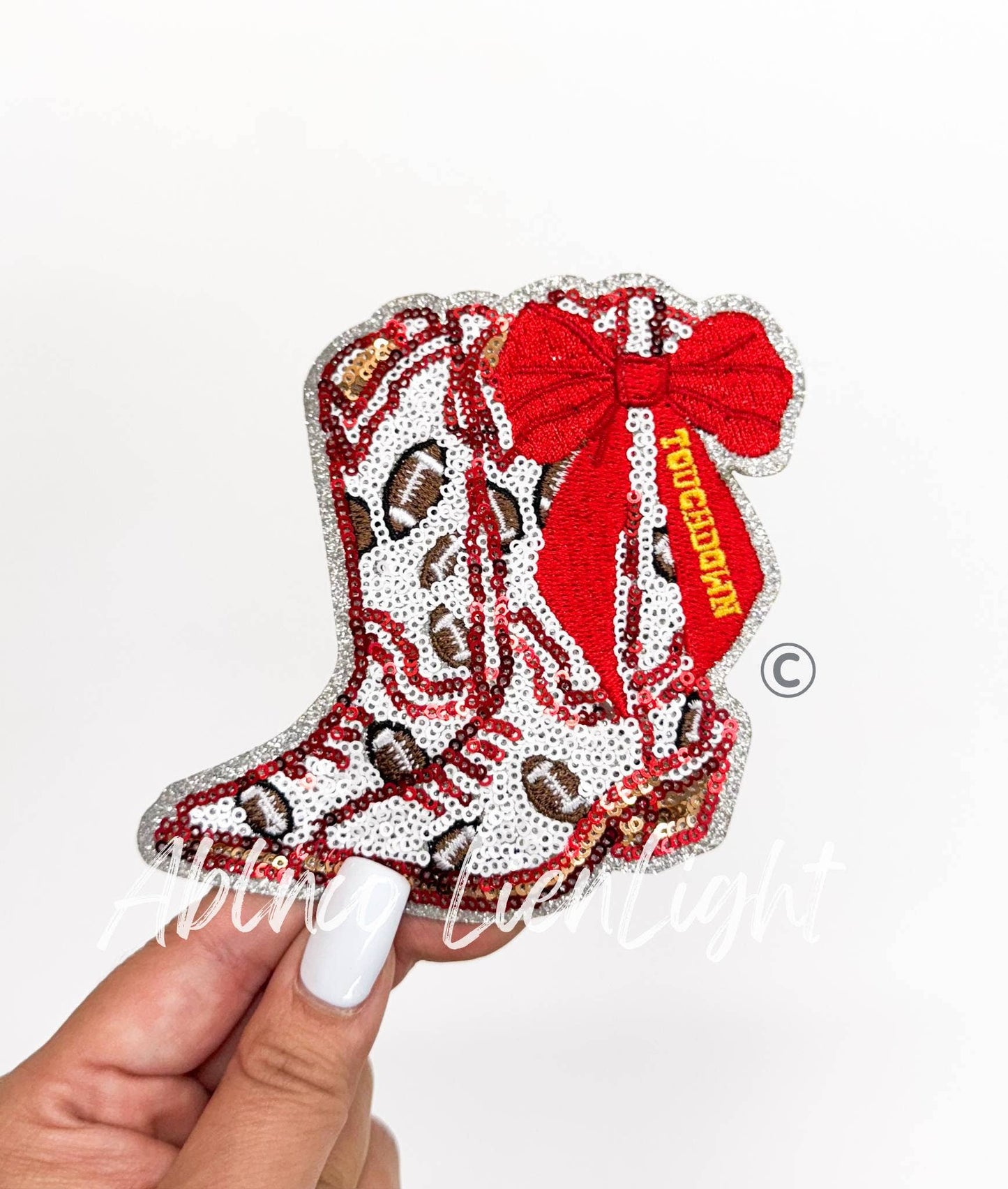 Football Touchdown Red Bow Boot Sequin Patch - Small