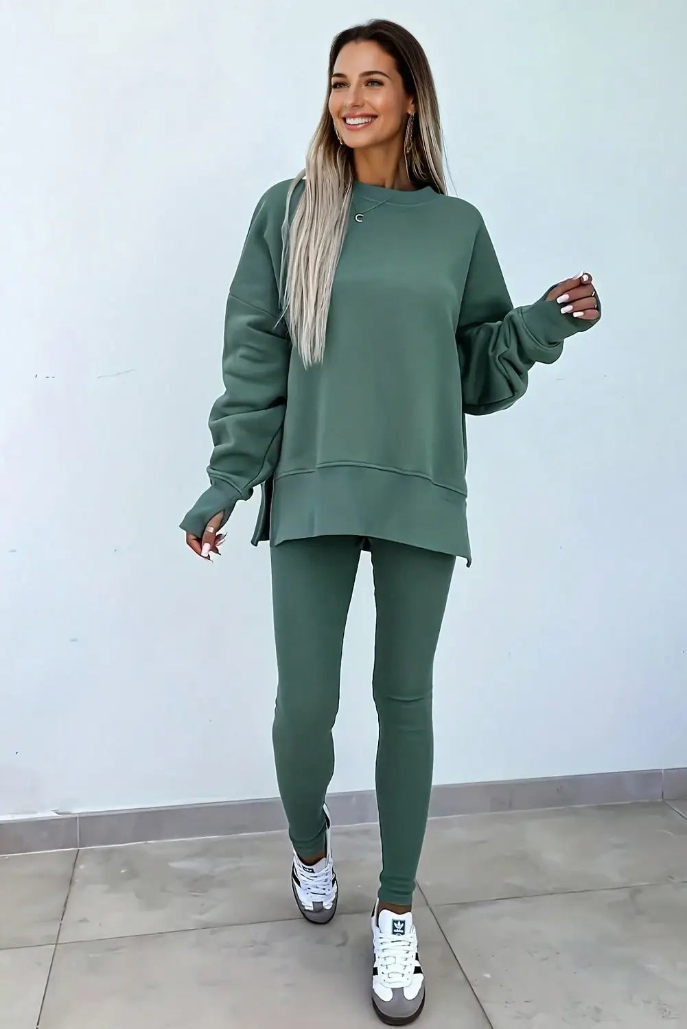 Solid Oversize Slit Sweatshirt with Ribbed Leggings Set
