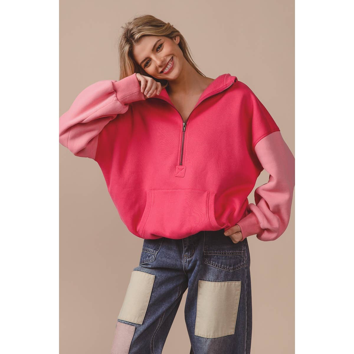 COLOR BLOCK ELASTIC HEM FLEECE HOODIE