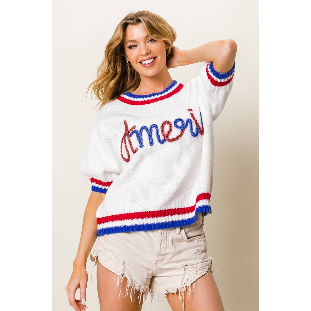 METALLIC AMERICA LETTER SHORT PUFF SLEEVE SWEATER