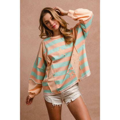 STRIPE AND PATCHWORK SWEATSHIRT TOP