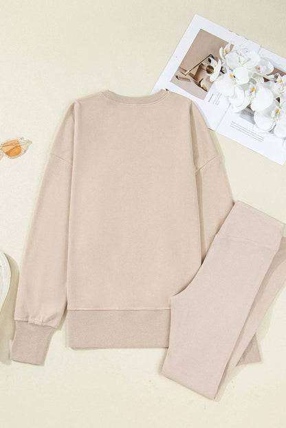 Solid Oversize Slit Sweatshirt with Ribbed Leggings Set