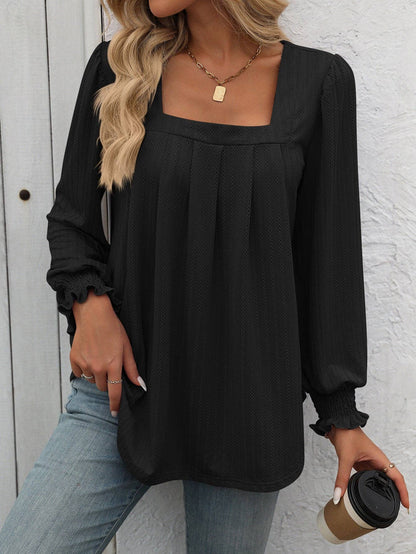Black Square Neck Long Sleeve Blouse for Women