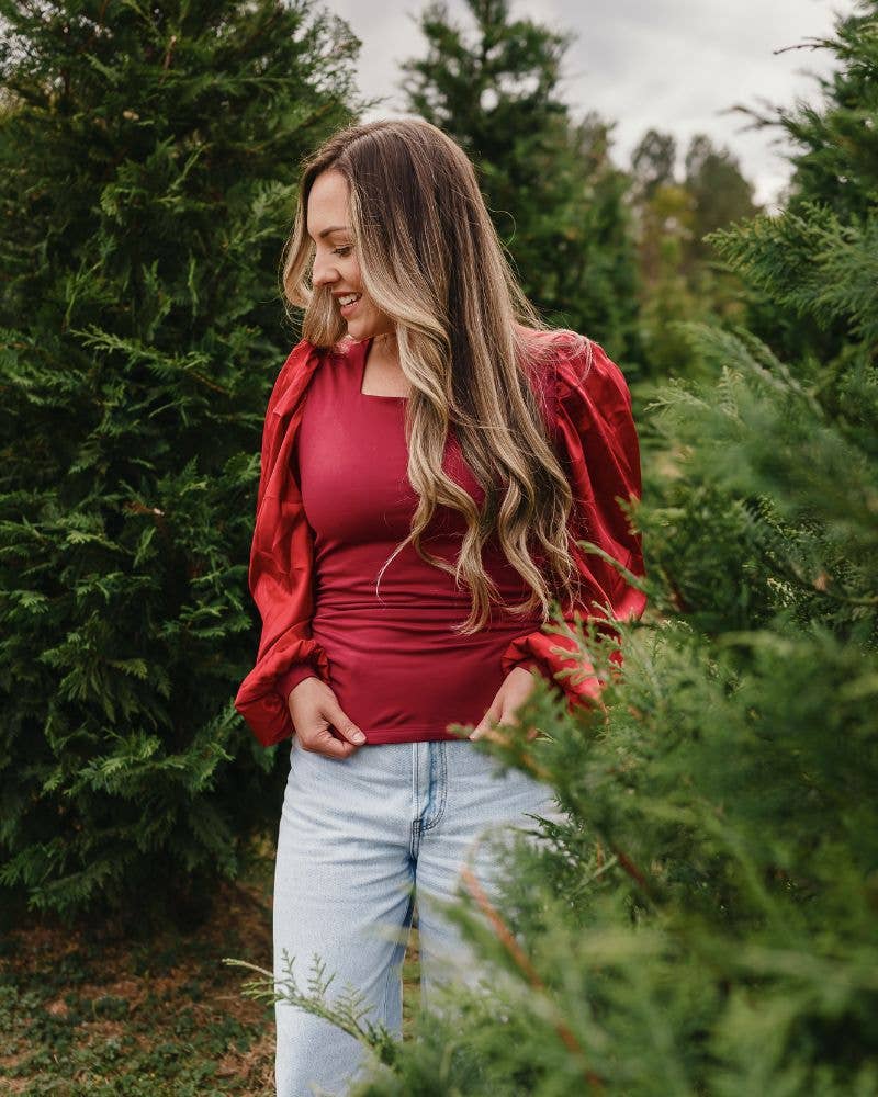 Evangeline Satin Sleeve Top & Leotard - Crimson Red