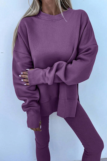 Solid Oversize Slit Sweatshirt with Ribbed Leggings Set